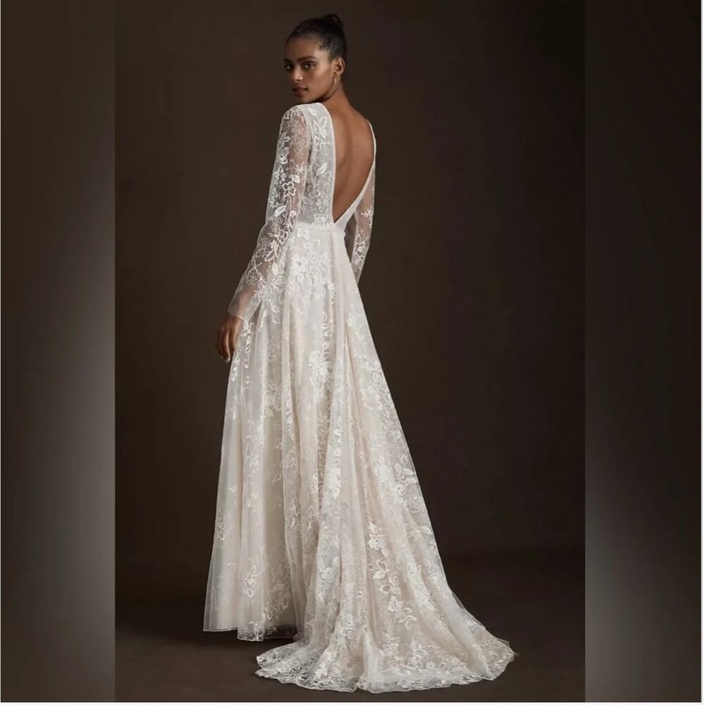 New BHLDN Riki Dalal Joan Illusion V-Neck Long-Sleeve Lace Wedding Gown Size 12 - Picture 2 of 14